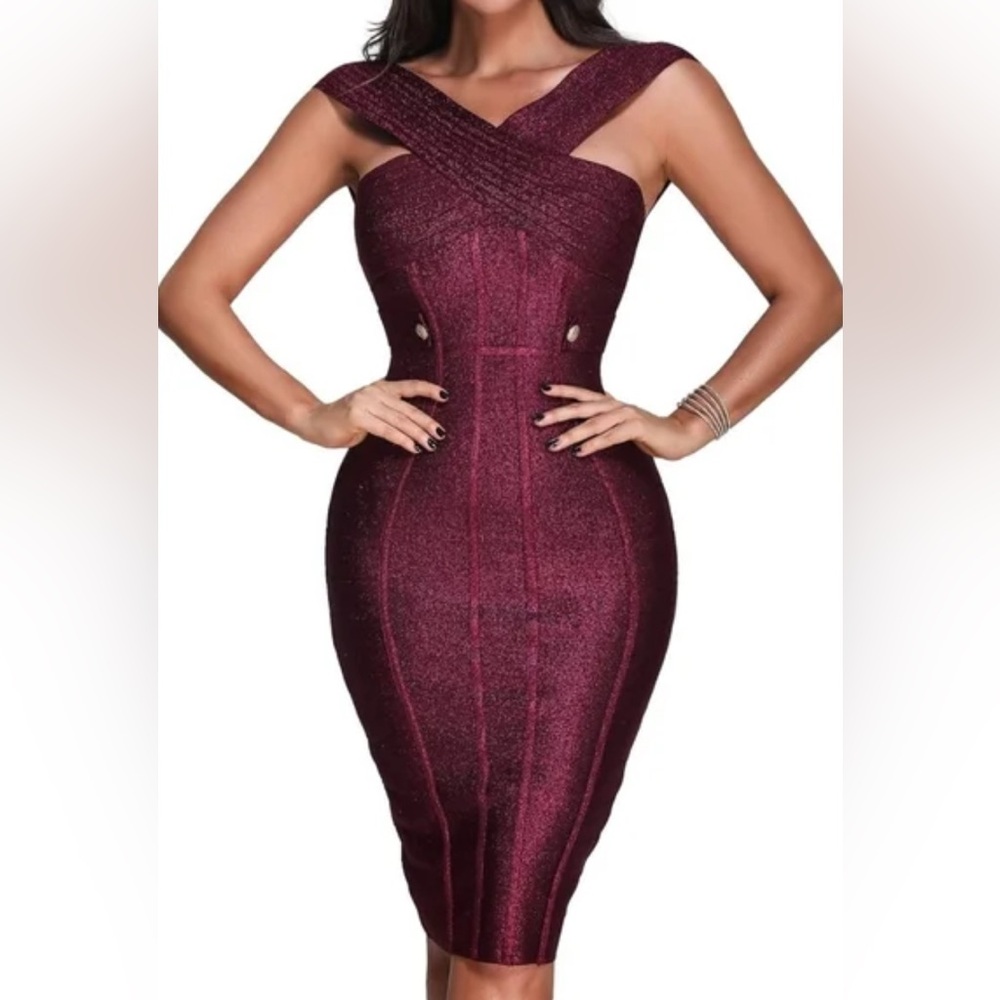 Chic Cross-Strap Burgundy Midi Bodycon Cocktail Dress